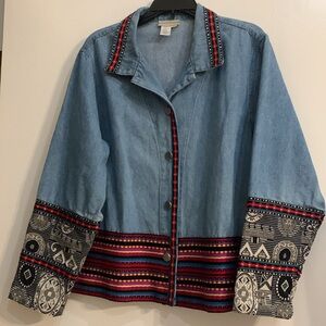 Coldwater Creek Denim Jacket Colorful Trim Sleeves & Bottom. Size 1X